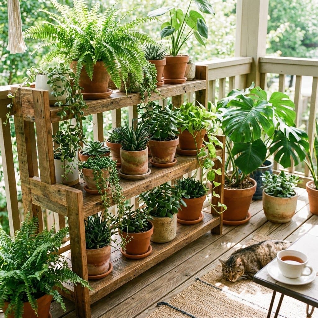 Tiered wooden garden plant stand filled with potted greenery