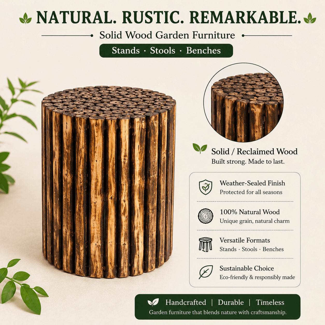 Solid reclaimed-wood log garden stool — weather-sealed, part of a stands, stools and benches range