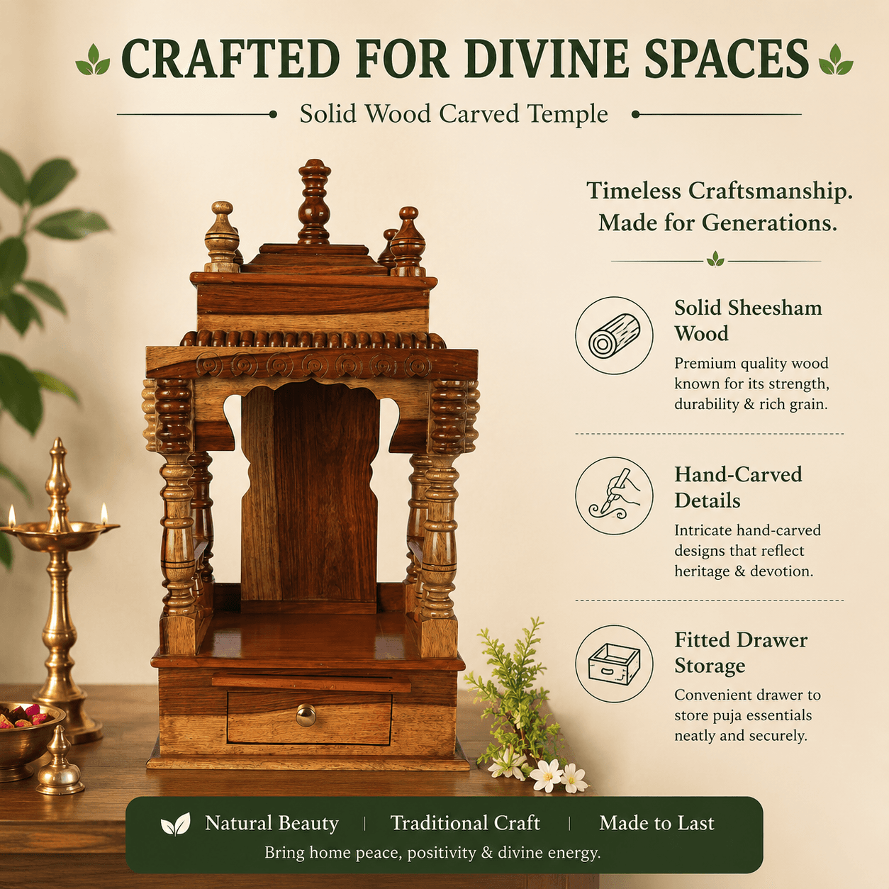 Hand-carved solid Sheesham home temple (mandir) with turned pillars, carved arch and fitted drawer, styled with a brass oil lamp