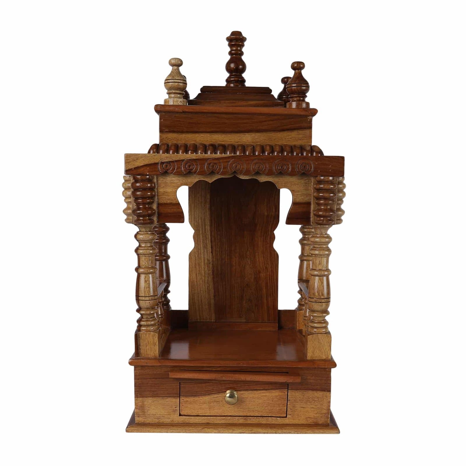 Hand-carved wooden home temple with turned pillars and drawer